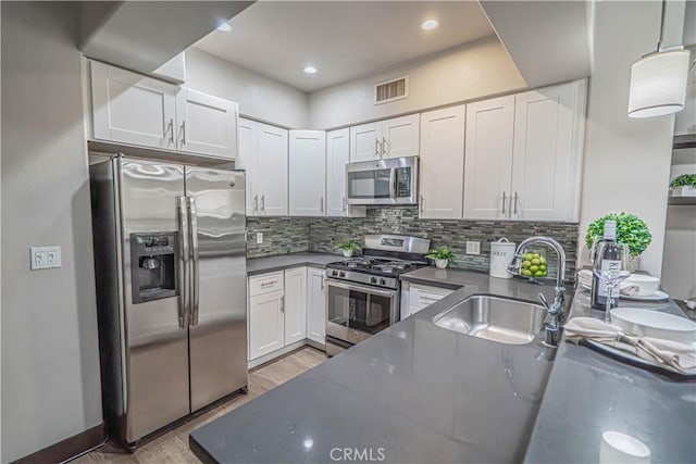 24595 Town Center Dr Unit 3205, Valencia, CA 91355 - kitchen featuring appliances with stainless steel finishes, dark countertops, white cabinets, decorative backsplash, and recessed lighting