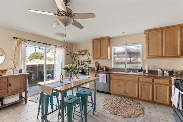 249 Colt Ln, Nipomo, CA 93444 - kitchen with stainless steel dishwasher, healthy amount of natural light, gas range oven, and a ceiling fan