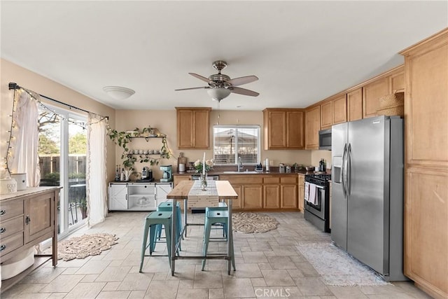 249 Colt Ln, Nipomo, CA 93444 - kitchen featuring stainless steel appliances, healthy amount of natural light, a ceiling fan, and light stone finish flooring