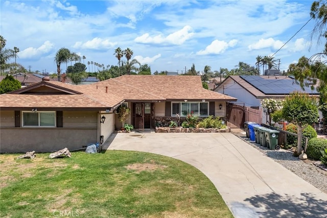 17538 Randall Ave, Fontana, CA 92335 - ranch-style house featuring concrete driveway, roof with shingles, a gate, and stucco siding