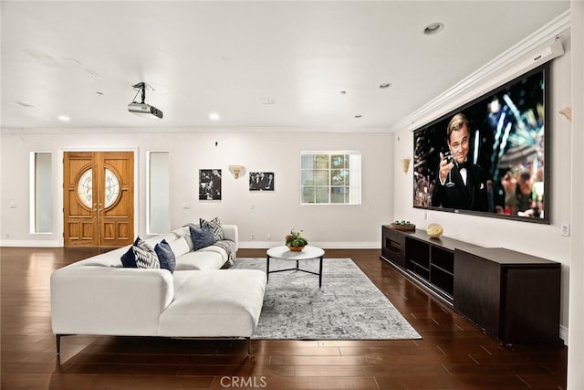 1118 S 6th Ave, Arcadia, CA 91006 - living room featuring dark wood-type flooring, ornamental molding, and recessed lighting