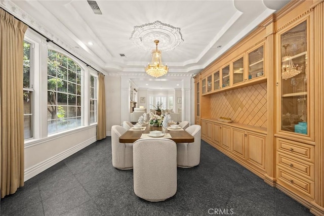 1118 S 6th Ave, Arcadia, CA 91006 - dining area featuring a raised ceiling, granite tiled floors, a chandelier, ornamental molding, and recessed lighting