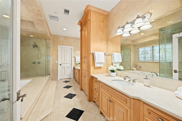 1118 S 6th Ave, Arcadia, CA 91006 - bathroom featuring a stall shower, vanity, tile patterned flooring, and a bath