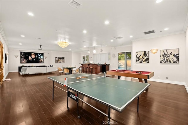 1118 S 6th Ave, Arcadia, CA 91006 - rec room with recessed lighting, ornamental molding, pool table, and dark wood-style flooring