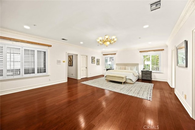 1118 S 6th Ave, Arcadia, CA 91006 - bedroom with a chandelier, dark wood-style flooring, ornamental molding, and recessed lighting