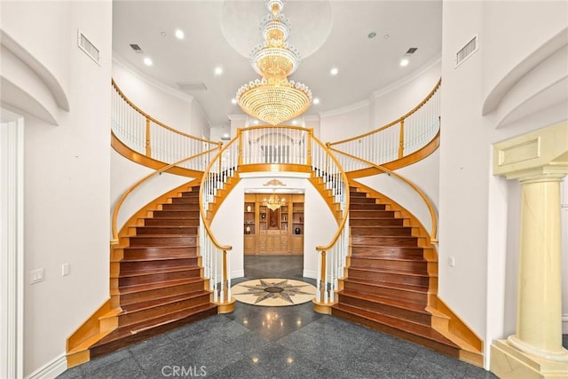 1118 S 6th Ave, Arcadia, CA 91006 - foyer entrance featuring granite floors, a chandelier, stairway, a high ceiling, and ornamental molding