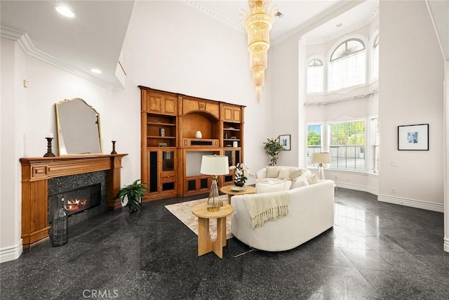 1118 S 6th Ave, Arcadia, CA 91006 - living area featuring a high ceiling, crown molding, a high end fireplace, and recessed lighting