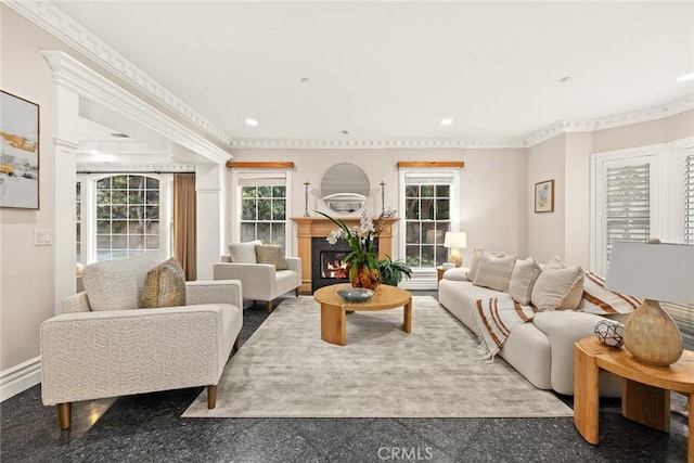 1118 S 6th Ave, Arcadia, CA 91006 - living room with recessed lighting, crown molding, and a lit fireplace