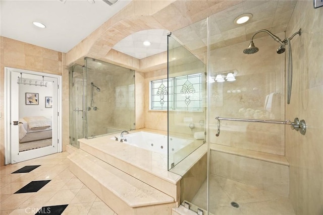 1118 S 6th Ave, Arcadia, CA 91006 - bathroom with a tub with jets, a stall shower, tile patterned flooring, and recessed lighting