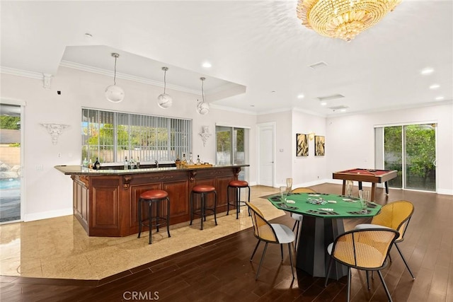 1118 S 6th Ave, Arcadia, CA 91006 - dining room with dark wood-type flooring, ornamental molding, pool table, and recessed lighting