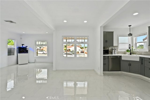 1381 W Summerland Ave, San Pedro, CA 90732 - kitchen featuring dishwasher, gray cabinets, plenty of natural light, light marble finish floors, and recessed lighting