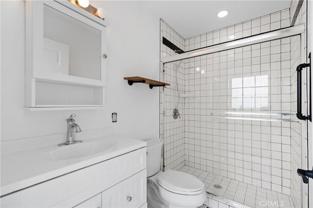 1381 W Summerland Ave, San Pedro, CA 90732 - bathroom featuring a shower stall, vanity, and recessed lighting