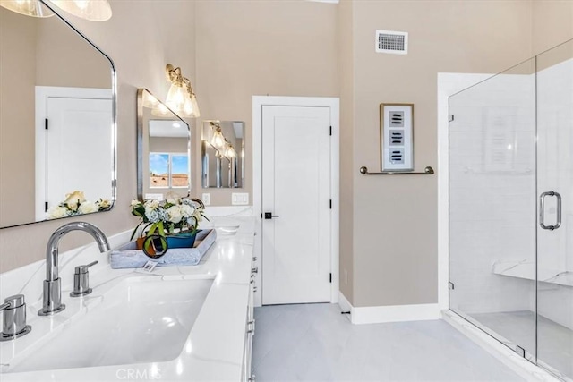 22461 Silver Spur, Lake Forest, CA 92630 - full bath featuring a shower stall, double vanity, tile patterned floors, and a high ceiling