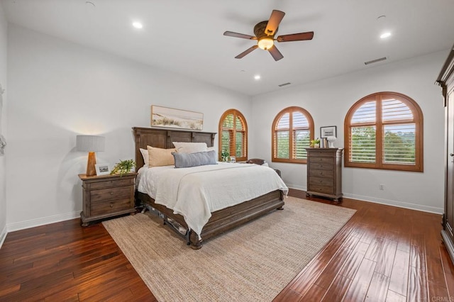 4149 Manchester Ave, Encinitas, CA 92024 - bedroom with dark wood-style floors, recessed lighting, and a ceiling fan