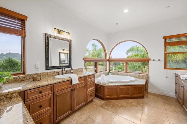 4149 Manchester Ave, Encinitas, CA 92024 - full bathroom featuring vanity, a bath, tile patterned floors, and recessed lighting