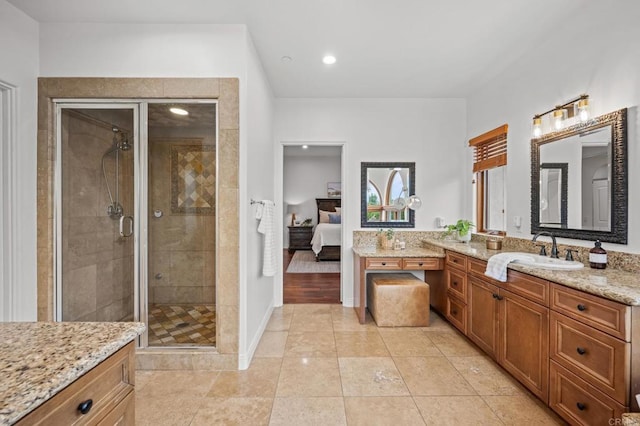 4149 Manchester Ave, Encinitas, CA 92024 - bathroom with ensuite bath, a shower stall, vanity, recessed lighting, and tile patterned flooring