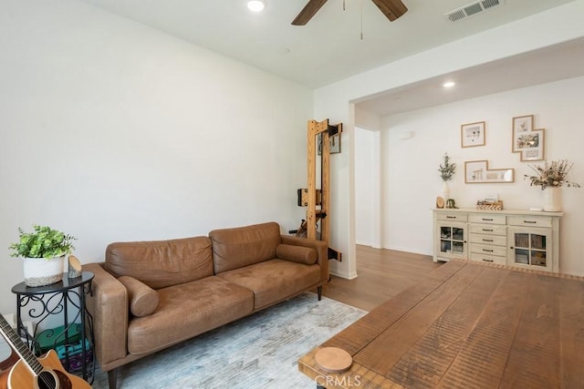 874 Royal Knight Trl, Redlands, CA 92374 - living area featuring ceiling fan, wood finished floors, and recessed lighting