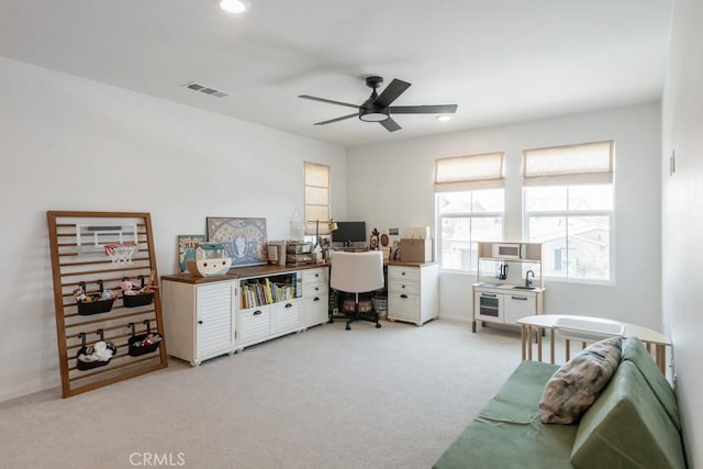 874 Royal Knight Trl, Redlands, CA 92374 - office area featuring light colored carpet, ceiling fan, and recessed lighting