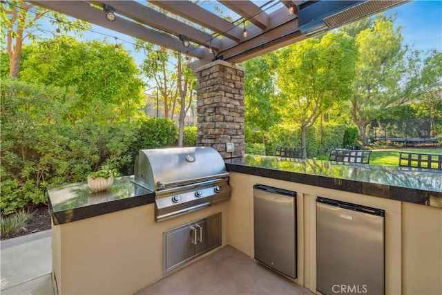 2937 Arboridge Ct, Fullerton, CA 92835 - view of patio / terrace featuring a trampoline, a pergola, an outdoor kitchen, and view of wooded area