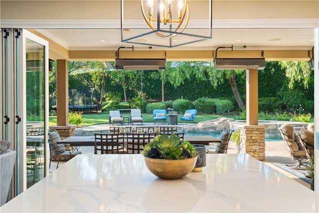 2937 Arboridge Ct, Fullerton, CA 92835 - view of patio with outdoor dining area, a trampoline, ceiling fan, and an outdoor pool