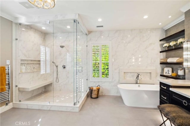 2937 Arboridge Ct, Fullerton, CA 92835 - bathroom featuring a freestanding tub, a marble finish shower, a towel warmer, recessed lighting, and ornamental molding