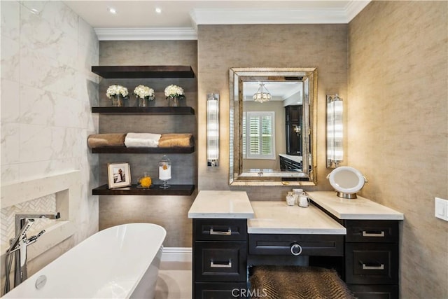 2937 Arboridge Ct, Fullerton, CA 92835 - full bathroom with ornamental molding and a freestanding bath