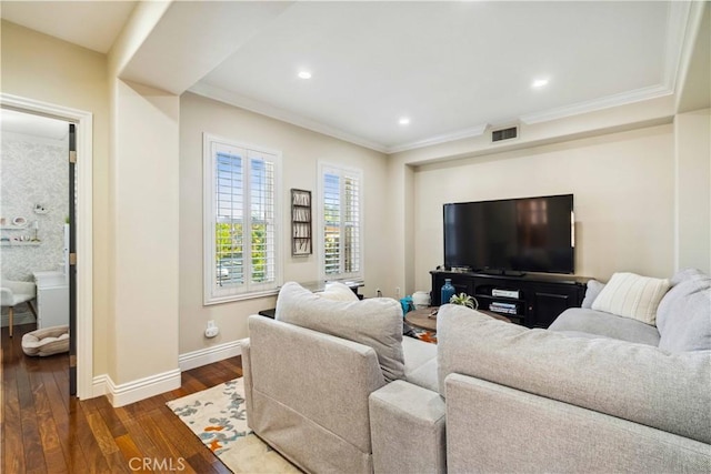 2937 Arboridge Ct, Fullerton, CA 92835 - living area with dark wood-type flooring, crown molding, and recessed lighting