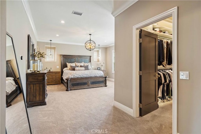 2937 Arboridge Ct, Fullerton, CA 92835 - carpeted bedroom featuring a spacious closet, crown molding, recessed lighting, a closet, and a chandelier