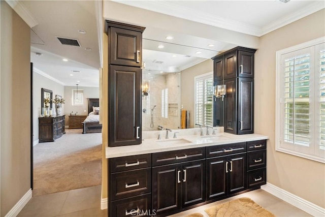 2937 Arboridge Ct, Fullerton, CA 92835 - bathroom with double vanity, crown molding, a shower stall, ensuite bathroom, and tile patterned floors