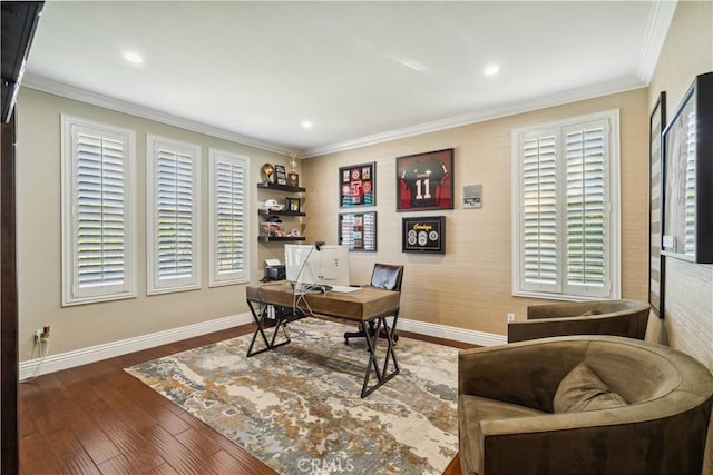 2937 Arboridge Ct, Fullerton, CA 92835 - office area featuring wood finished floors, ornamental molding, and recessed lighting