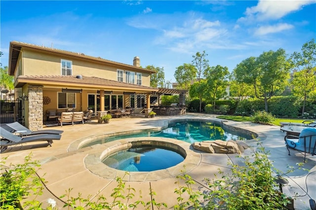 2937 Arboridge Ct, Fullerton, CA 92835 - view of swimming pool featuring an outdoor living space, a pergola, a patio, and a pool with connected hot tub