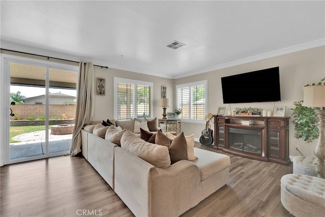 16315 Yorba Linda Ln, Fontana, CA 92336 - living area featuring light wood-style flooring, crown molding, and a glass covered fireplace