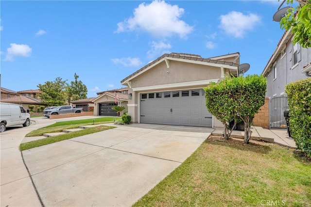 16315 Yorba Linda Ln, Fontana, CA 92336 - view of front of home featuring concrete driveway, stucco siding, an attached garage, and a front yard