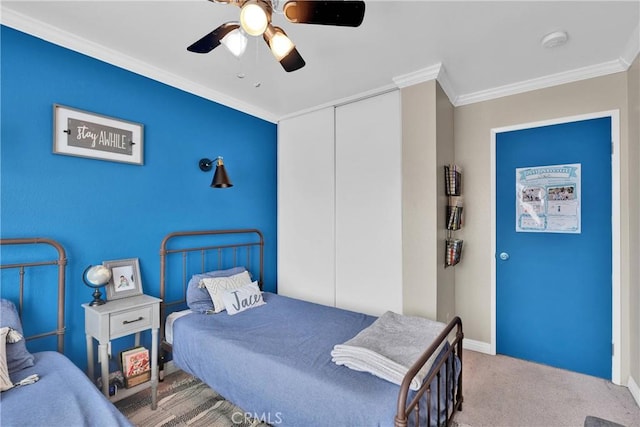 16315 Yorba Linda Ln, Fontana, CA 92336 - bedroom with a closet, ornamental molding, carpet, and ceiling fan