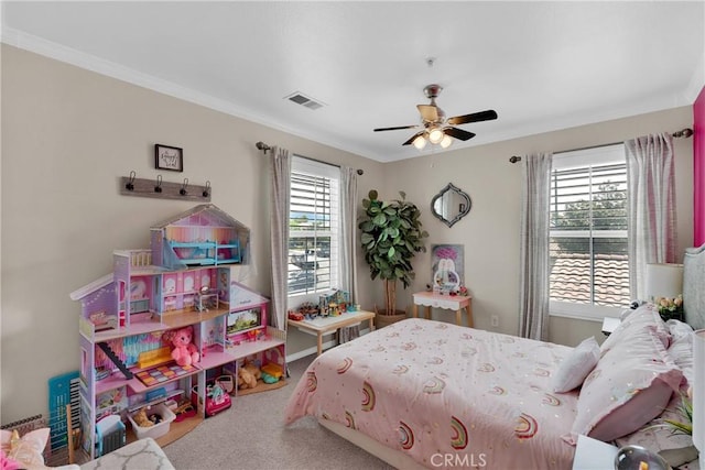 16315 Yorba Linda Ln, Fontana, CA 92336 - bedroom with carpet, ornamental molding, and a ceiling fan