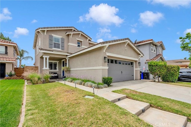 16315 Yorba Linda Ln, Fontana, CA 92336 - view of front of property with driveway, an attached garage, stucco siding, and a front lawn