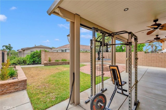 16315 Yorba Linda Ln, Fontana, CA 92336 - fenced backyard featuring ceiling fan and a patio