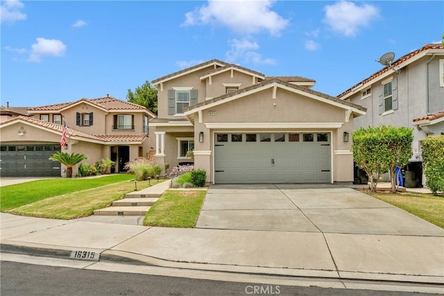16315 Yorba Linda Ln, Fontana, CA 92336 - view of front of house featuring stucco siding, concrete driveway, an attached garage, a front lawn, and a tiled roof
