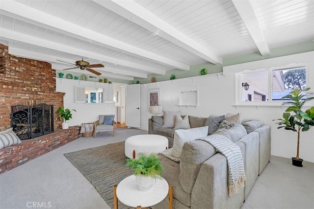 252 W 15th St, Upland, CA 91786 - living room with light carpet, beamed ceiling, a fireplace, and ceiling fan