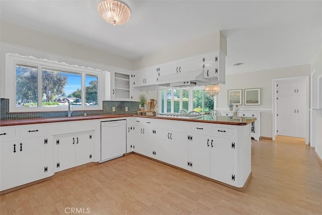 252 W 15th St, Upland, CA 91786 - kitchen with white appliances, under cabinet range hood, decorative backsplash, a peninsula, and light wood-style flooring