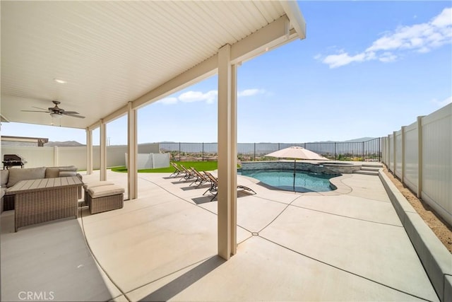 45105 Quicksilver Rd, Lake Elsinore, CA 92532 - view of pool featuring a patio, a fenced backyard, ceiling fan, and a pool with connected hot tub