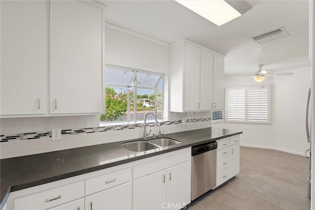 9508 Jellico Ave, Northridge, CA 91325 - kitchen with stainless steel dishwasher, backsplash, dark countertops, and plenty of natural light