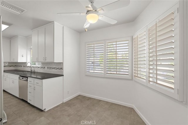 9508 Jellico Ave, Northridge, CA 91325 - kitchen featuring stainless steel dishwasher, dark countertops, ceiling fan, backsplash, and white cabinets