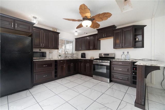 3219 E 6th St, Los Angeles, CA 90023 - kitchen featuring appliances with stainless steel finishes, light marble finish flooring, dark brown cabinetry, a ceiling fan, and open shelves