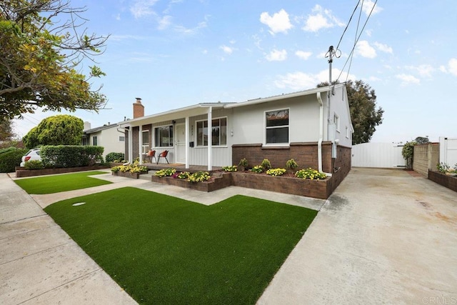 3833 Tomahawk Ln, San Diego, CA 92117 - ranch-style house featuring covered porch, a chimney, brick siding, and concrete driveway