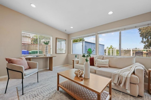 3833 Tomahawk Ln, San Diego, CA 92117 - living room with light colored carpet, vaulted ceiling, and recessed lighting