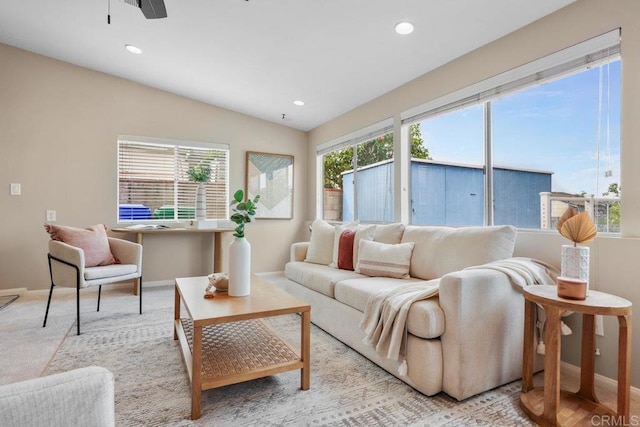 3833 Tomahawk Ln, San Diego, CA 92117 - living room featuring vaulted ceiling, recessed lighting, and a ceiling fan