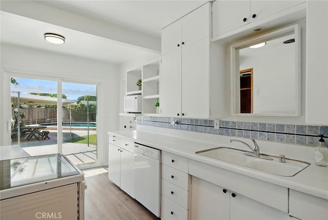 185 N Rodecker Dr, Azusa, CA 91702 - kitchen featuring white appliances, open shelves, white cabinets, light countertops, and light wood-style flooring