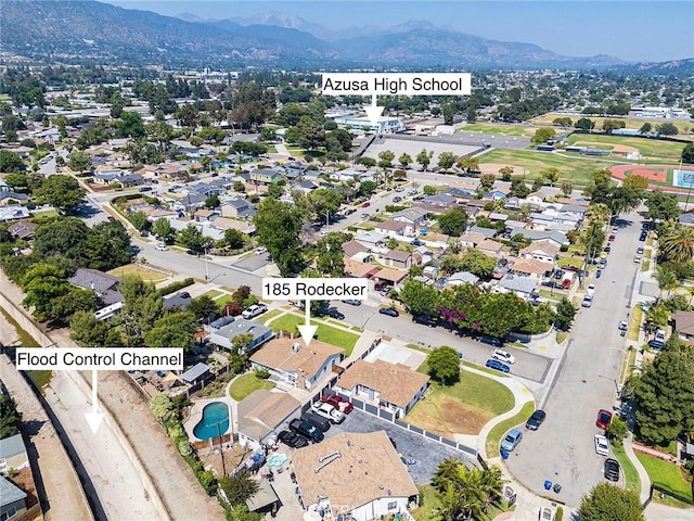 185 N Rodecker Dr, Azusa, CA 91702 - aerial view of property's location with mountains and nearby suburban area