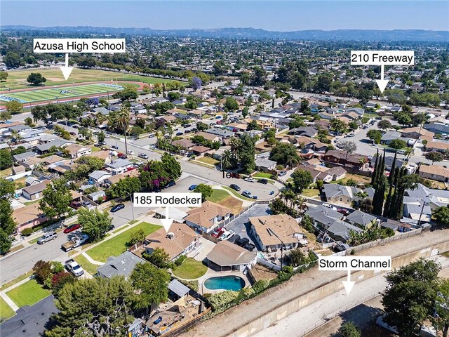 185 N Rodecker Dr, Azusa, CA 91702 - aerial overview of property's location featuring nearby suburban area